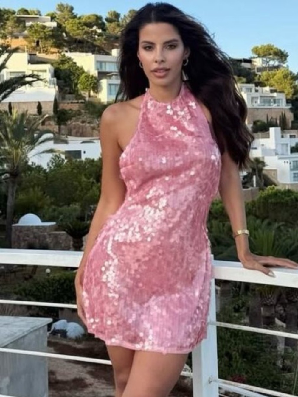 ZARA NWT Pink Sequin Open Back Mini Dress Halter Party Birthday S 8741/271 - Picture 2 of 8